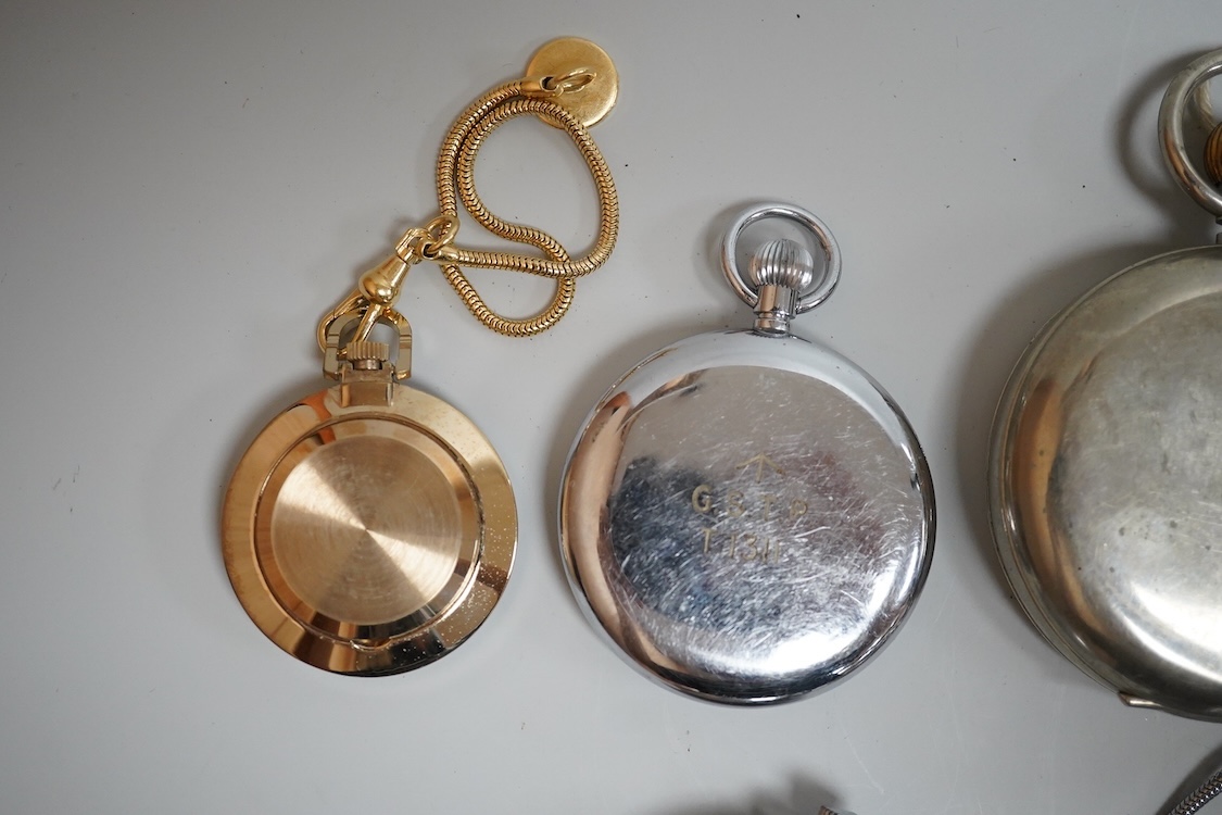 Eight assorted base metal pocket watches including 8 days, case diameter 65mm, a chrome cased Leonidas military, Ingersoll, Sekonda etc.
